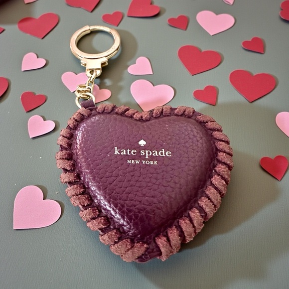 Kate Spade Burgundy Leather Heart Keychain & Bag Charm Accessory W/ Cross Stitch - Picture 2 of 9